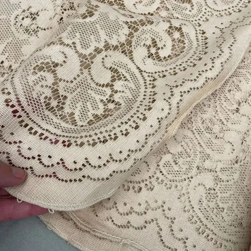 Vintage Pennicraft cream tan colored lace table cloth rectangle 84” x 64”.